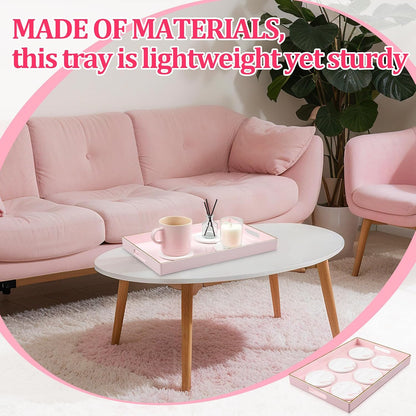 Pink Serving Tray and Coaster Set Contains 1 Pink Rectangular Tray with Handles-15.7 x 10.2 Inch, and 6 Marble Style Coasters, Morden Decorative Platter for Bathroom, Ottoman, Home Decor