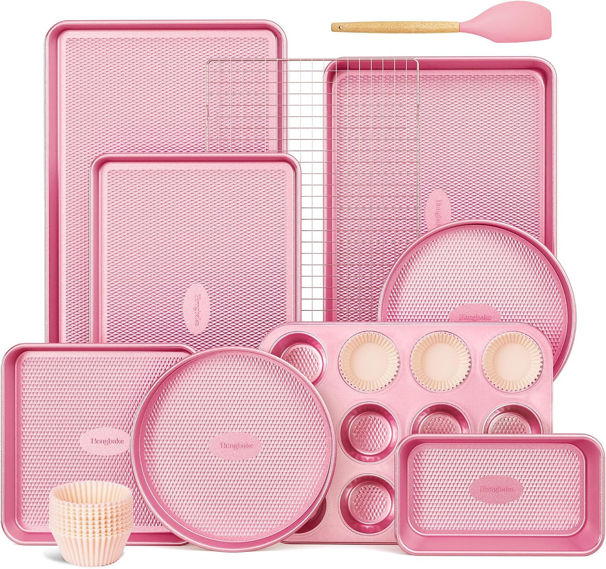 22-Piece Baking Pans Set Nonstick, Stackable Non Toxic Bakeware Sets with Diamond Texture, Oven Pan Set for Cooking, Includes Cookie Sheet with Rack, Cake Pan, Roasting Pan, Muffin Tin, Pink