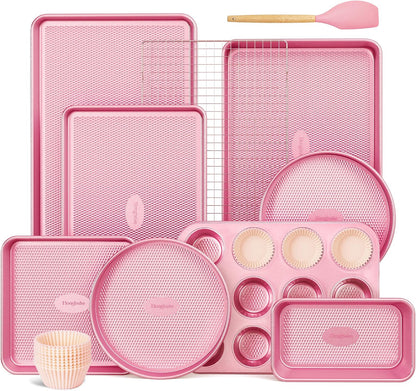 22-Piece Baking Pans Set Nonstick, Stackable Non Toxic Bakeware Sets with Diamond Texture, Oven Pan Set for Cooking, Includes Cookie Sheet with Rack, Cake Pan, Roasting Pan, Muffin Tin, Pink