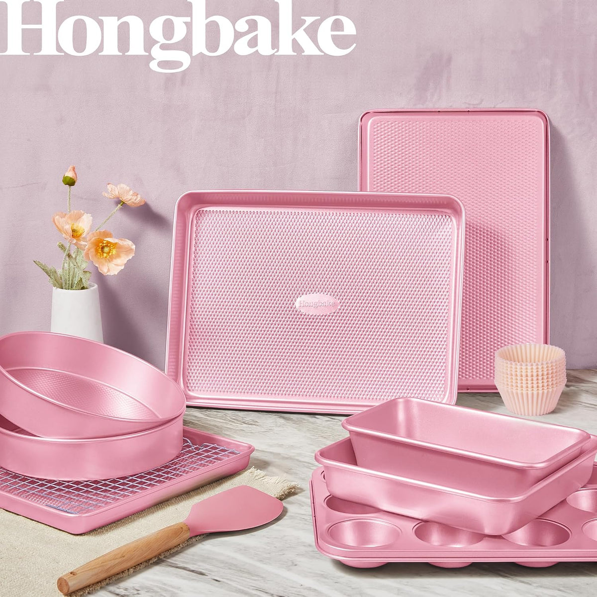 22-Piece Baking Pans Set Nonstick, Stackable Non Toxic Bakeware Sets with Diamond Texture, Oven Pan Set for Cooking, Includes Cookie Sheet with Rack, Cake Pan, Roasting Pan, Muffin Tin, Pink
