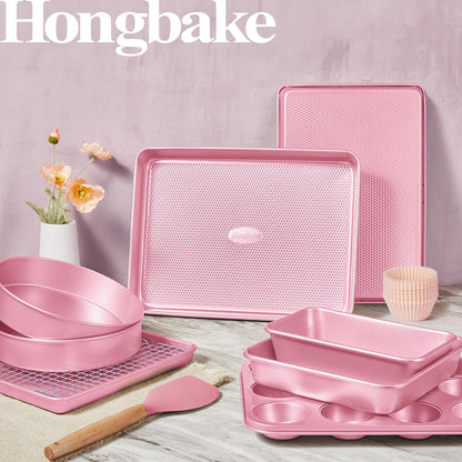 22-Piece Baking Pans Set Nonstick, Stackable Non Toxic Bakeware Sets with Diamond Texture, Oven Pan Set for Cooking, Includes Cookie Sheet with Rack, Cake Pan, Roasting Pan, Muffin Tin, Pink