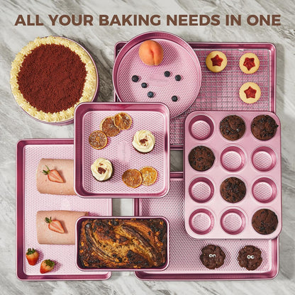 22-Piece Baking Pans Set Nonstick, Stackable Non Toxic Bakeware Sets with Diamond Texture, Oven Pan Set for Cooking, Includes Cookie Sheet with Rack, Cake Pan, Roasting Pan, Muffin Tin, Pink