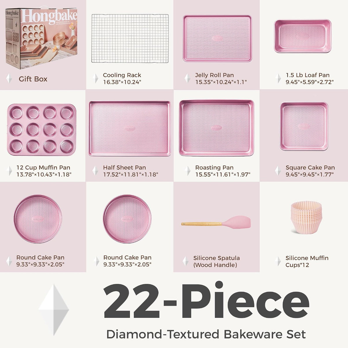 22-Piece Baking Pans Set Nonstick, Stackable Non Toxic Bakeware Sets with Diamond Texture, Oven Pan Set for Cooking, Includes Cookie Sheet with Rack, Cake Pan, Roasting Pan, Muffin Tin, Pink