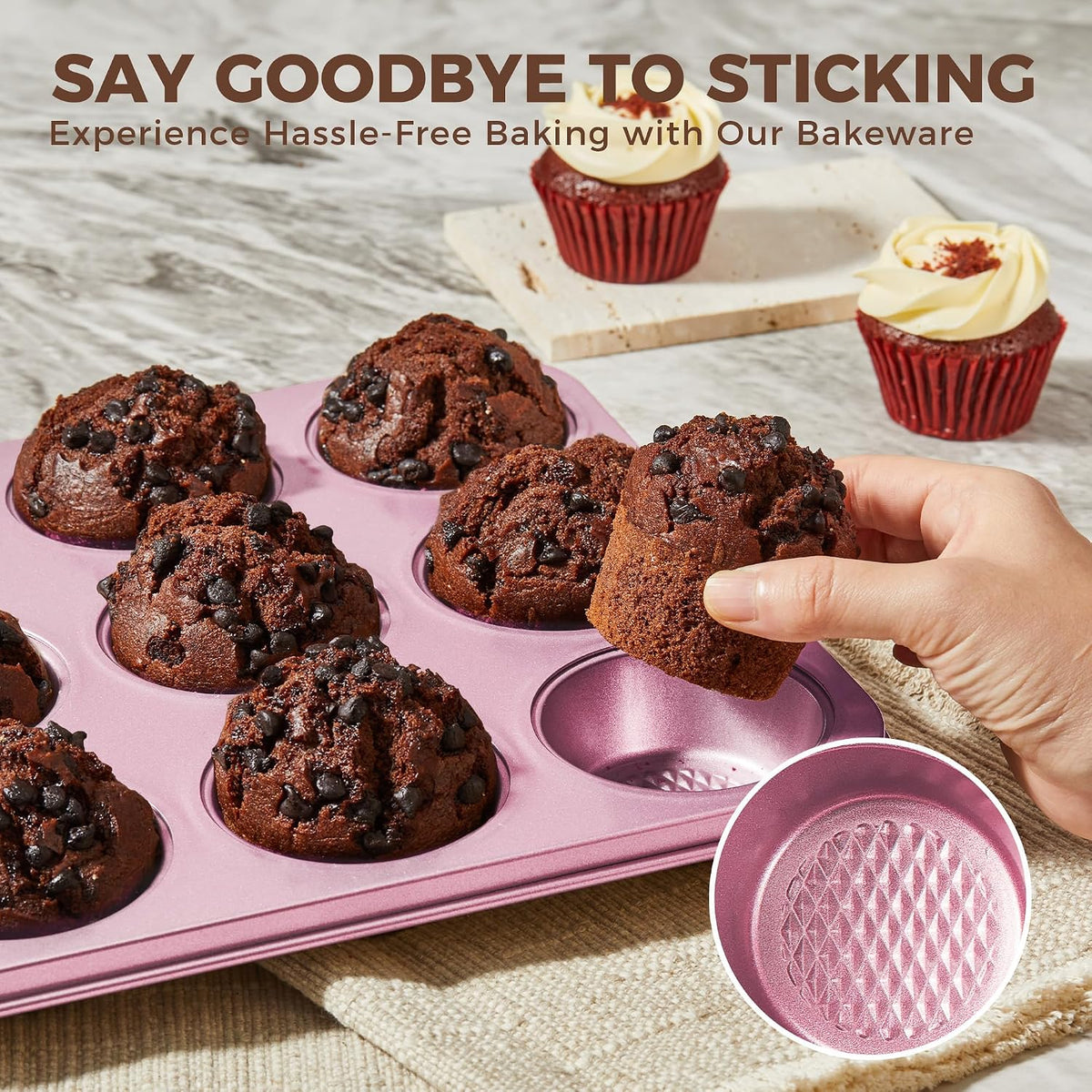 22-Piece Baking Pans Set Nonstick, Stackable Non Toxic Bakeware Sets with Diamond Texture, Oven Pan Set for Cooking, Includes Cookie Sheet with Rack, Cake Pan, Roasting Pan, Muffin Tin, Pink