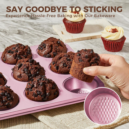 22-Piece Baking Pans Set Nonstick, Stackable Non Toxic Bakeware Sets with Diamond Texture, Oven Pan Set for Cooking, Includes Cookie Sheet with Rack, Cake Pan, Roasting Pan, Muffin Tin, Pink