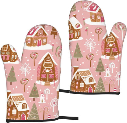 Cute Christmas Tree Gingerbread Pattern Pink Decor, Cute Christmas Tree Gingerbread Pattern Pink Oven Mitts Pot Holders, Cookie Bag Kitchen Cooking Baking BBQ Gloves 2pcs