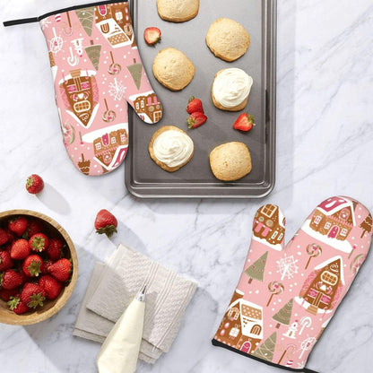 Cute Christmas Tree Gingerbread Pattern Pink Decor, Cute Christmas Tree Gingerbread Pattern Pink Oven Mitts Pot Holders, Cookie Bag Kitchen Cooking Baking BBQ Gloves 2pcs
