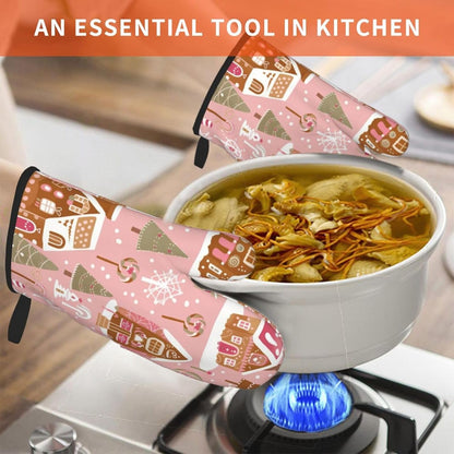 Cute Christmas Tree Gingerbread Pattern Pink Decor, Cute Christmas Tree Gingerbread Pattern Pink Oven Mitts Pot Holders, Cookie Bag Kitchen Cooking Baking BBQ Gloves 2pcs