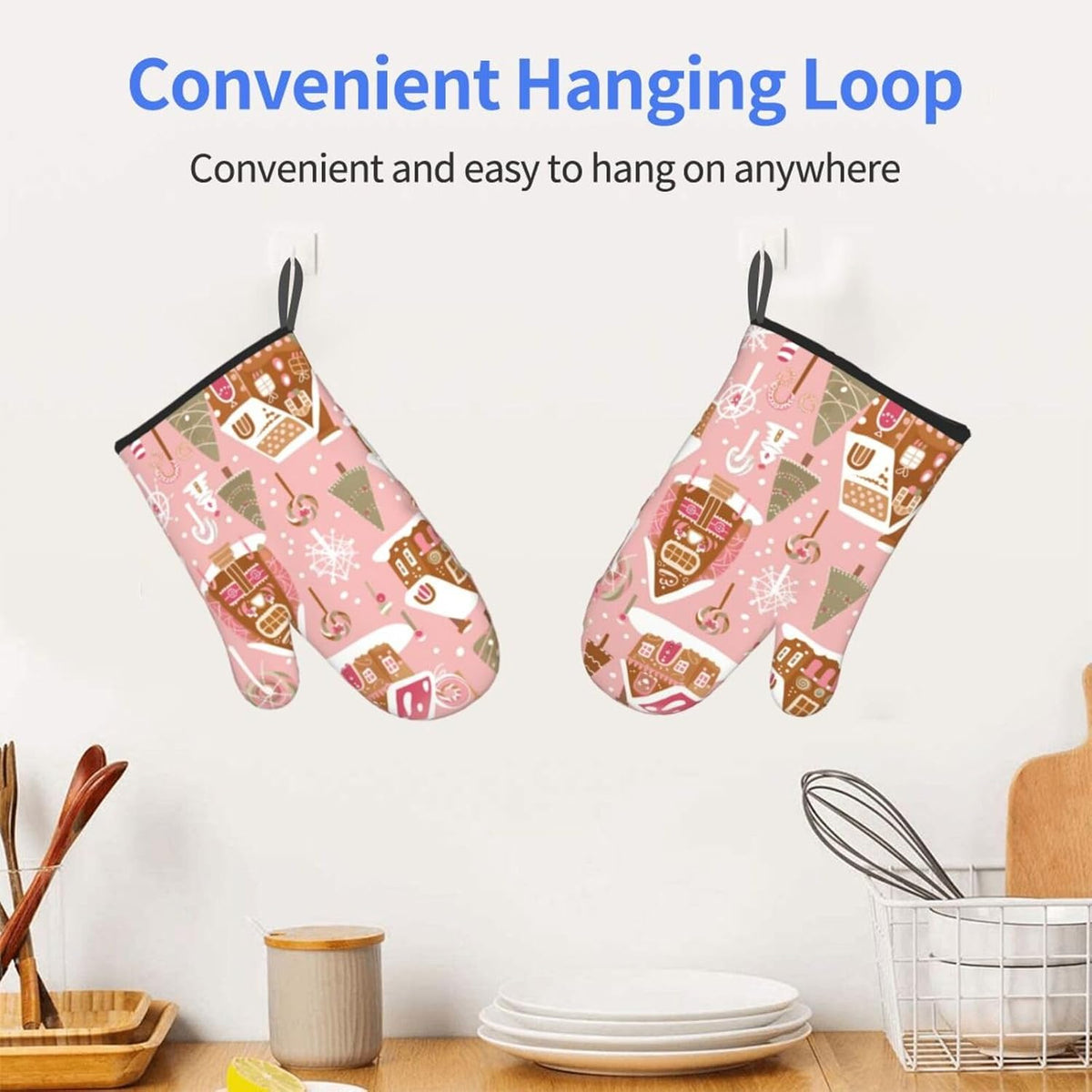 Cute Christmas Tree Gingerbread Pattern Pink Decor, Cute Christmas Tree Gingerbread Pattern Pink Oven Mitts Pot Holders, Cookie Bag Kitchen Cooking Baking BBQ Gloves 2pcs