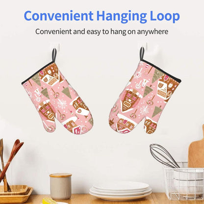 Cute Christmas Tree Gingerbread Pattern Pink Decor, Cute Christmas Tree Gingerbread Pattern Pink Oven Mitts Pot Holders, Cookie Bag Kitchen Cooking Baking BBQ Gloves 2pcs