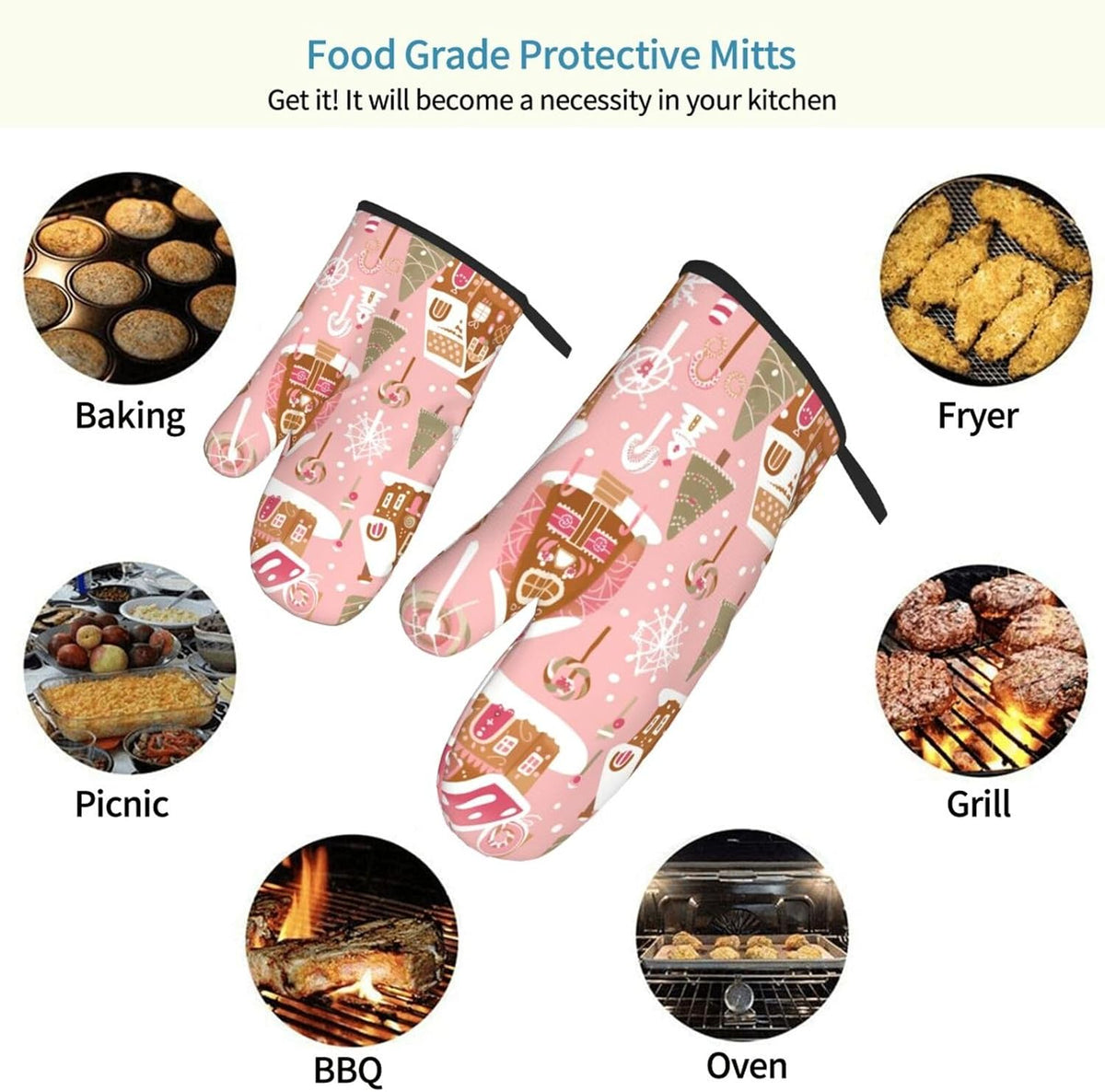 Cute Christmas Tree Gingerbread Pattern Pink Decor, Cute Christmas Tree Gingerbread Pattern Pink Oven Mitts Pot Holders, Cookie Bag Kitchen Cooking Baking BBQ Gloves 2pcs