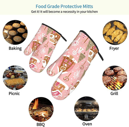 Cute Christmas Tree Gingerbread Pattern Pink Decor, Cute Christmas Tree Gingerbread Pattern Pink Oven Mitts Pot Holders, Cookie Bag Kitchen Cooking Baking BBQ Gloves 2pcs