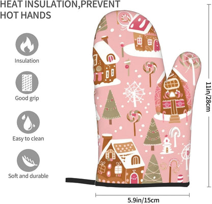 Cute Christmas Tree Gingerbread Pattern Pink Decor, Cute Christmas Tree Gingerbread Pattern Pink Oven Mitts Pot Holders, Cookie Bag Kitchen Cooking Baking BBQ Gloves 2pcs
