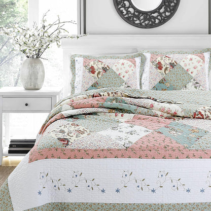 Floral Real Patchwork Green Peach Scalloped Edge Country 100% Cotton Quilt Bedding Set, Reversible Coverlet Bedspread (Celia, Queen - 3 piece)