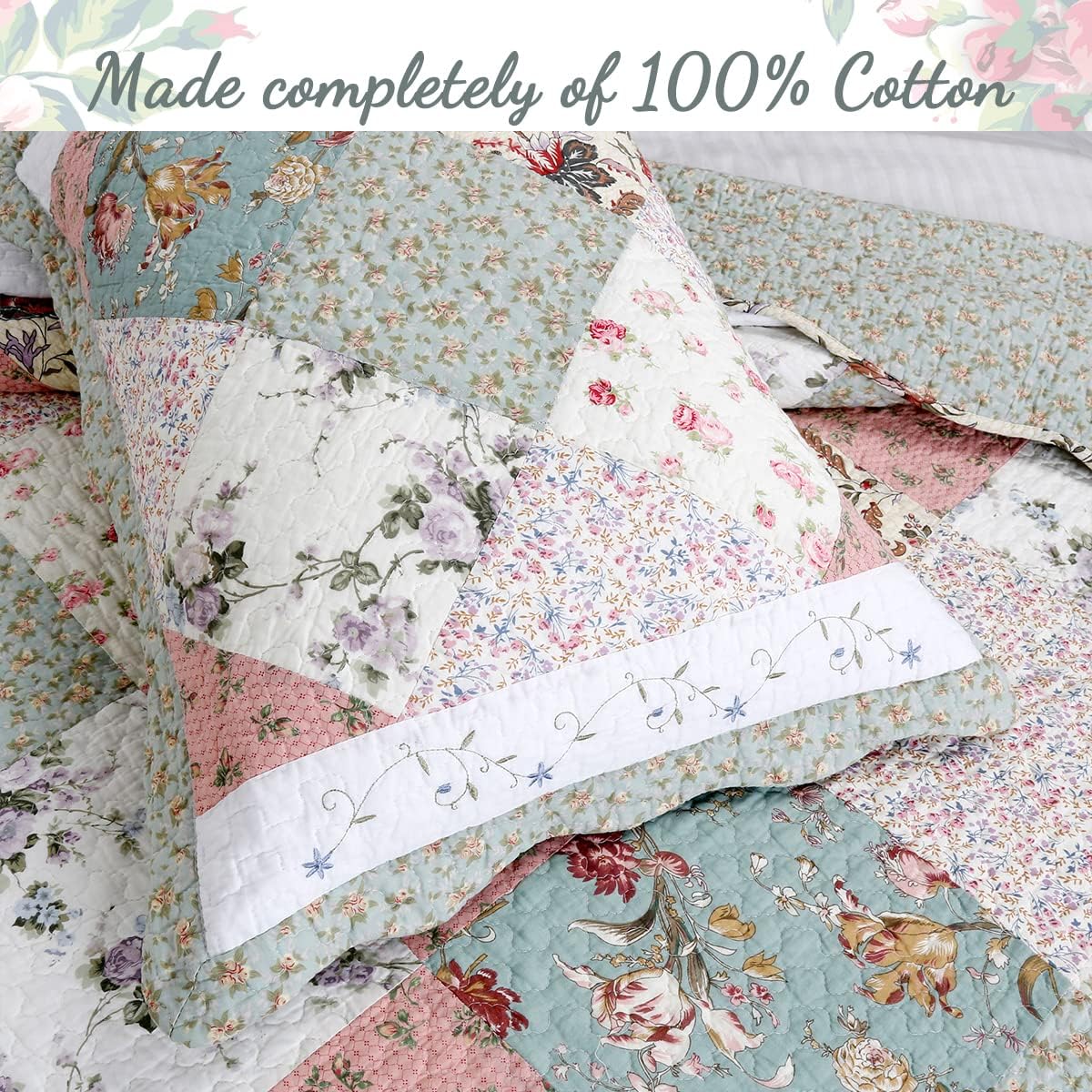 Floral Real Patchwork Green Peach Scalloped Edge Country 100% Cotton Quilt Bedding Set, Reversible Coverlet Bedspread (Celia, Queen - 3 piece)