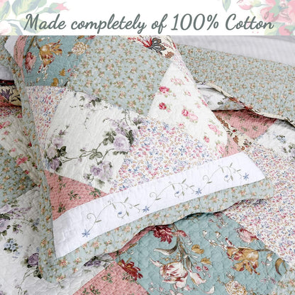 Floral Real Patchwork Green Peach Scalloped Edge Country 100% Cotton Quilt Bedding Set, Reversible Coverlet Bedspread (Celia, Queen - 3 piece)