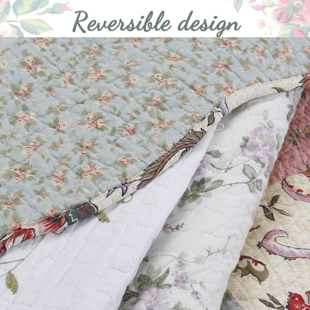 Floral Real Patchwork Green Peach Scalloped Edge Country 100% Cotton Quilt Bedding Set, Reversible Coverlet Bedspread (Celia, Queen - 3 piece)