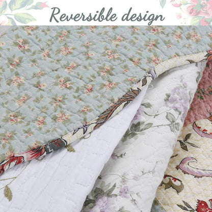 Floral Real Patchwork Green Peach Scalloped Edge Country 100% Cotton Quilt Bedding Set, Reversible Coverlet Bedspread (Celia, Queen - 3 piece)