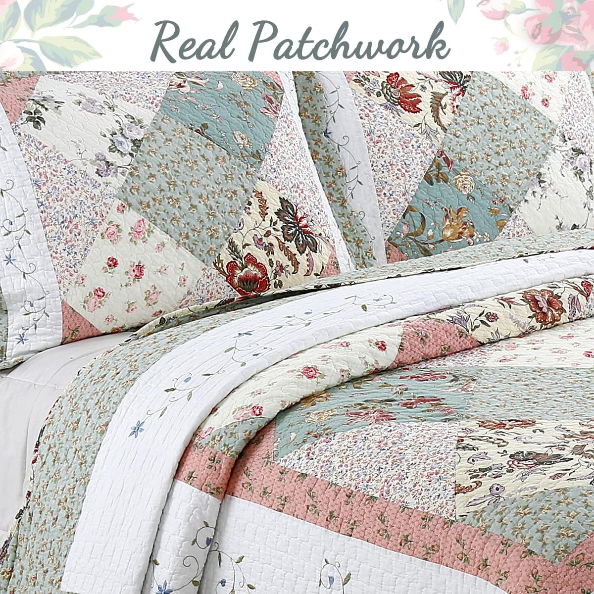 Floral Real Patchwork Green Peach Scalloped Edge Country 100% Cotton Quilt Bedding Set, Reversible Coverlet Bedspread (Celia, Queen - 3 piece)