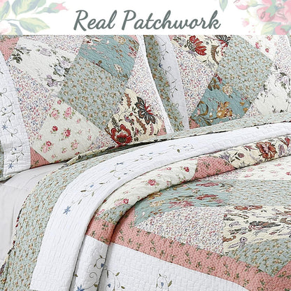 Floral Real Patchwork Green Peach Scalloped Edge Country 100% Cotton Quilt Bedding Set, Reversible Coverlet Bedspread (Celia, Queen - 3 piece)