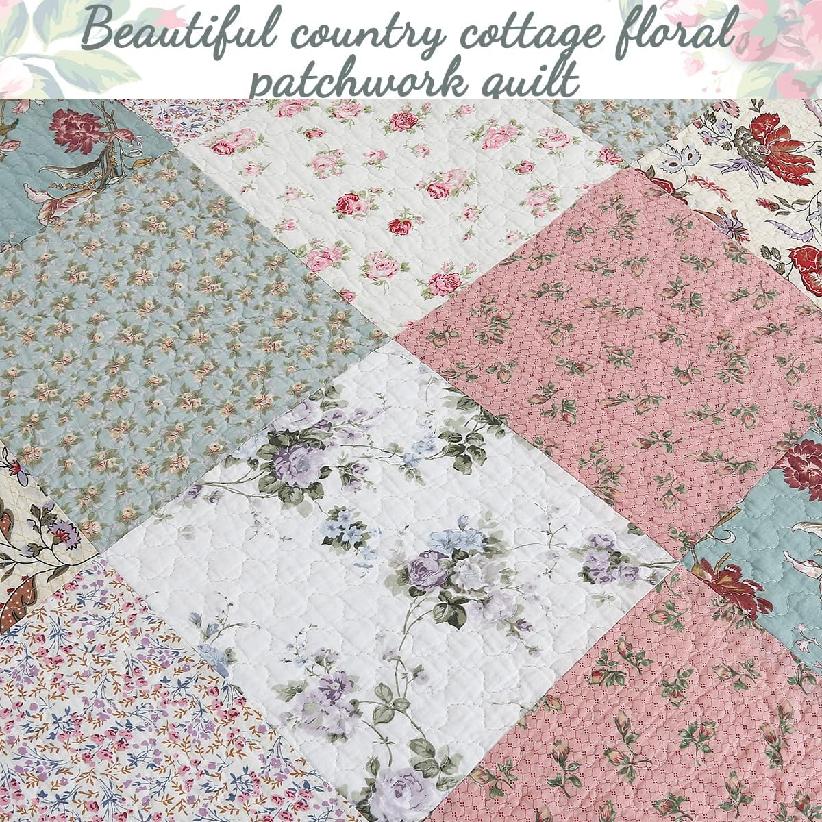 Floral Real Patchwork Green Peach Scalloped Edge Country 100% Cotton Quilt Bedding Set, Reversible Coverlet Bedspread (Celia, Queen - 3 piece)