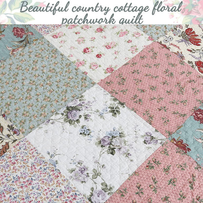 Floral Real Patchwork Green Peach Scalloped Edge Country 100% Cotton Quilt Bedding Set, Reversible Coverlet Bedspread (Celia, Queen - 3 piece)