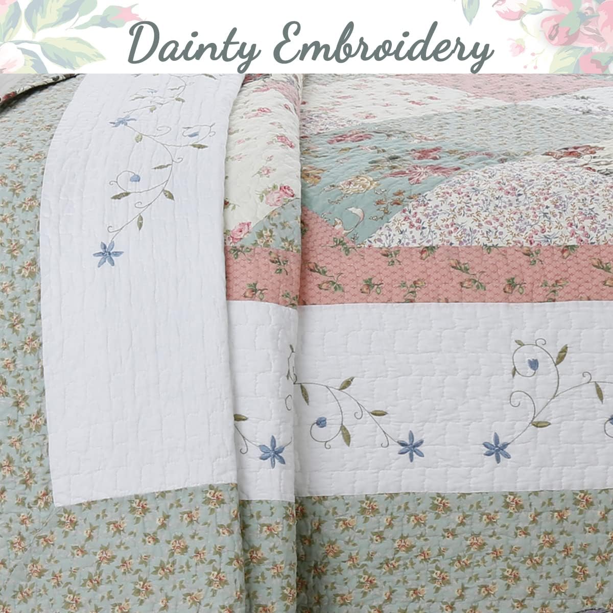 Floral Real Patchwork Green Peach Scalloped Edge Country 100% Cotton Quilt Bedding Set, Reversible Coverlet Bedspread (Celia, Queen - 3 piece)