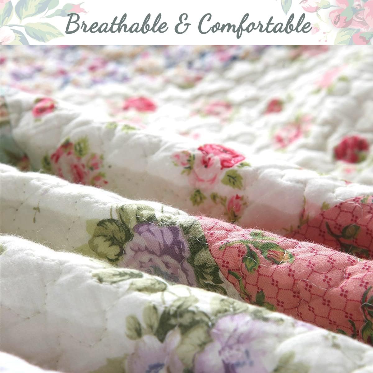 Floral Real Patchwork Green Peach Scalloped Edge Country 100% Cotton Quilt Bedding Set, Reversible Coverlet Bedspread (Celia, Queen - 3 piece)