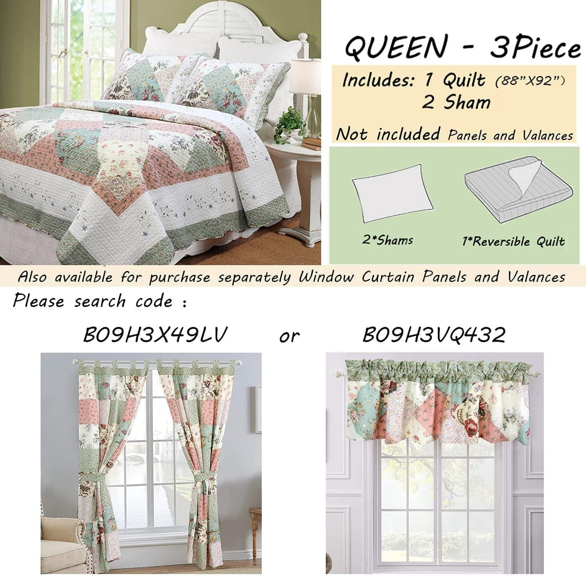 Floral Real Patchwork Green Peach Scalloped Edge Country 100% Cotton Quilt Bedding Set, Reversible Coverlet Bedspread (Celia, Queen - 3 piece)