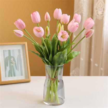 Artificial Tulips Flowers, 15pcs Real Touch Soft Latex Bouquet Fake Tulips for Home Office Kitchen Garden Wedding Party Decoration (Light Pink)