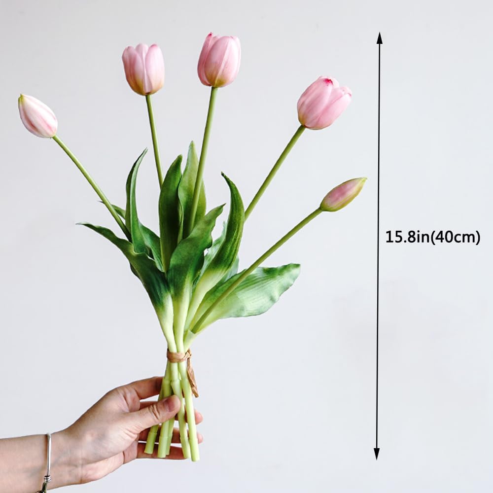 Artificial Tulips Flowers, 15pcs Real Touch Soft Latex Bouquet Fake Tulips for Home Office Kitchen Garden Wedding Party Decoration (Light Pink)