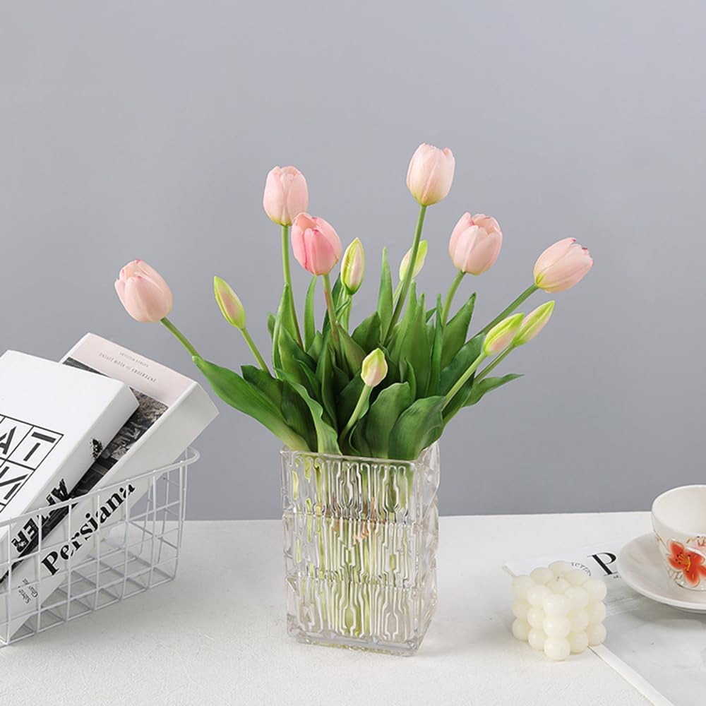 Artificial Tulips Flowers, 15pcs Real Touch Soft Latex Bouquet Fake Tulips for Home Office Kitchen Garden Wedding Party Decoration (Light Pink)