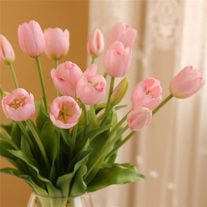Artificial Tulips Flowers, 15pcs Real Touch Soft Latex Bouquet Fake Tulips for Home Office Kitchen Garden Wedding Party Decoration (Light Pink)