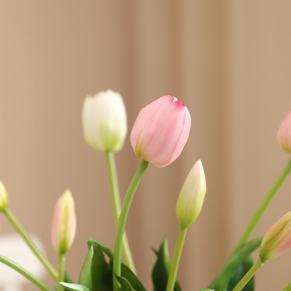 Artificial Tulips Flowers, 15pcs Real Touch Soft Latex Bouquet Fake Tulips for Home Office Kitchen Garden Wedding Party Decoration (Light Pink)