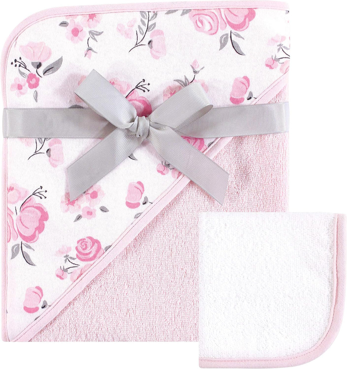 Unisex Baby Cotton Hooded Towel and Washcloth, Pink Floral, One Size