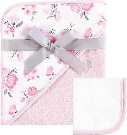 Unisex Baby Cotton Hooded Towel and Washcloth, Pink Floral, One Size