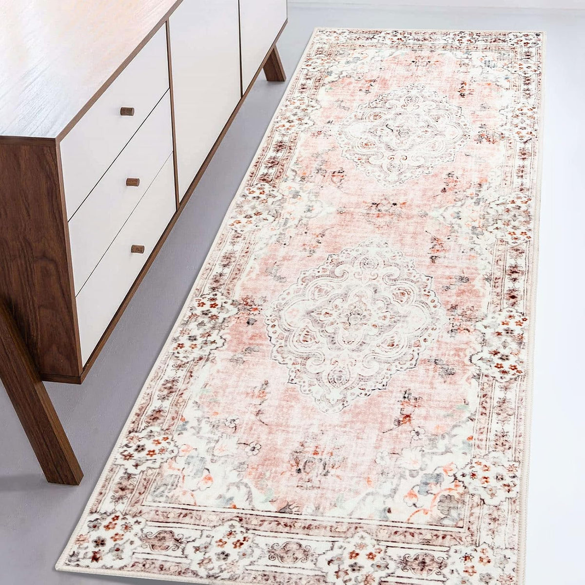 Pink Runner Rug Washable 2x6 Area Rugs Non Slip Low-Pile Flowers