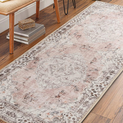 Pink Runner Rug Washable 2x6 Area Rugs Non Slip Low-Pile Flowers