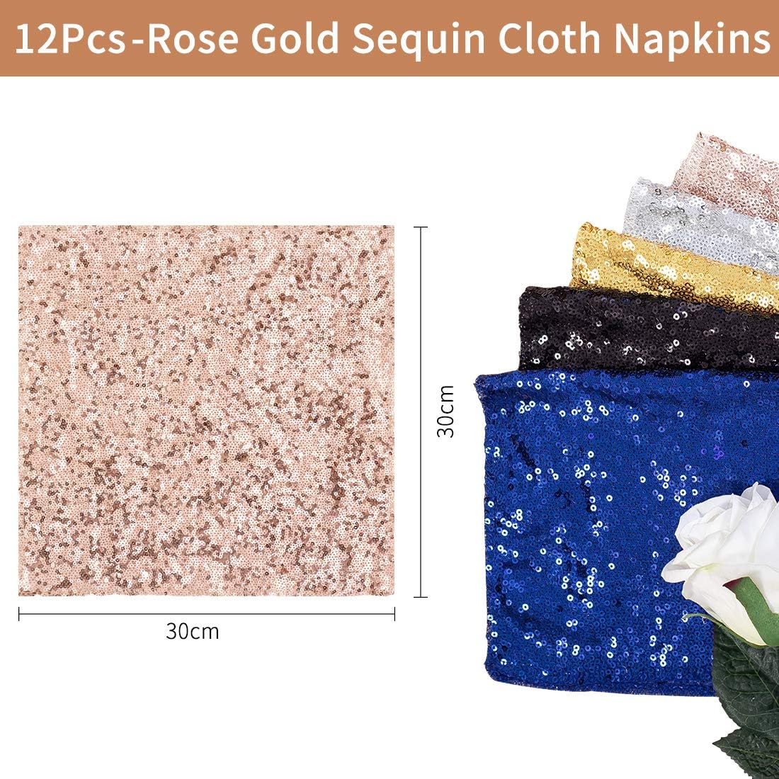 Poise3EHome 30x30cm Rose Gold Sequin Napkins, Set of 12 Glitter Table Napkins for Weddings, Parties, Thanksgiving, Christmas Decor