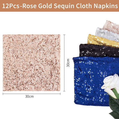 Poise3EHome 30x30cm Rose Gold Sequin Napkins, Set of 12 Glitter Table Napkins for Weddings, Parties, Thanksgiving, Christmas Decor
