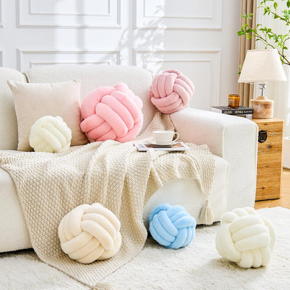 Knot Pillow Ball Home Decorative Pillows Round Throw Pillow with Faux Rabbit Fur Handmade Knotted Plush Pillow Aesthetic Room Decor Round Boucle Pillow Cushion (Pink, 8.6 Inch)