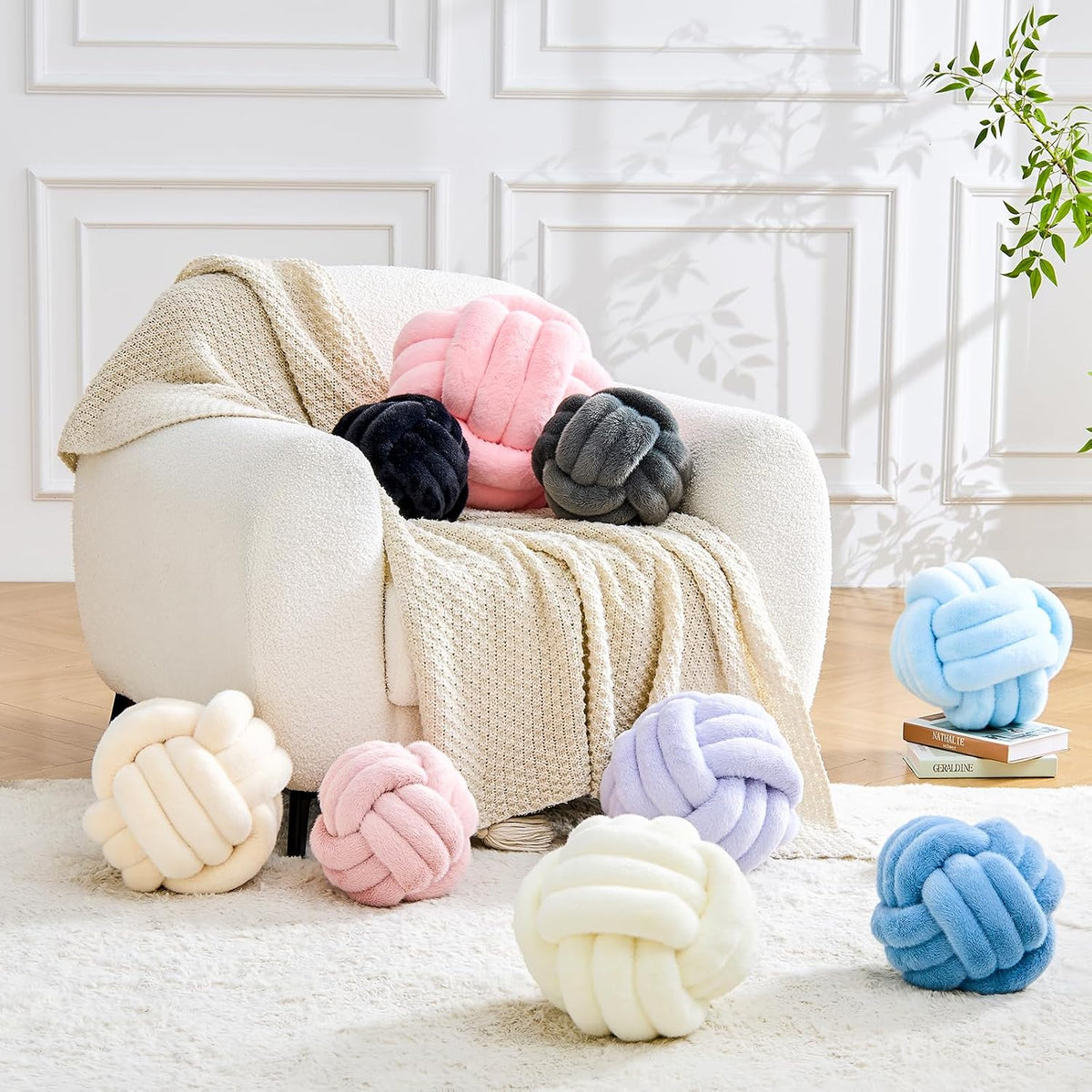 Knot Pillow Ball Home Decorative Pillows Round Throw Pillow with Faux Rabbit Fur Handmade Knotted Plush Pillow Aesthetic Room Decor Round Boucle Pillow Cushion (Pink, 8.6 Inch)