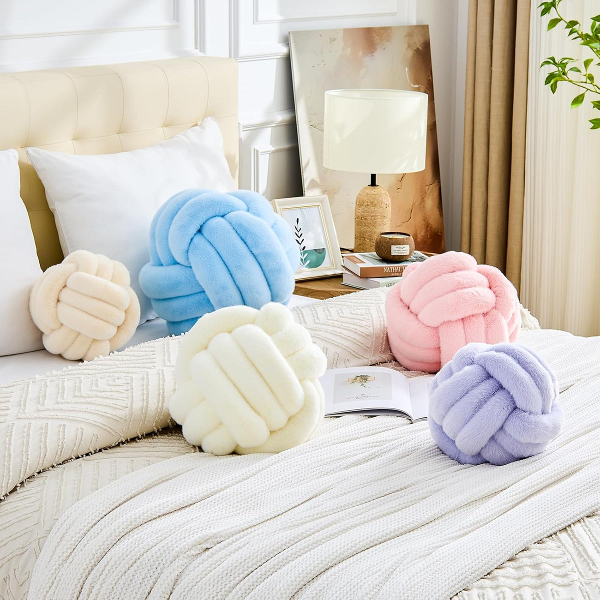 Knot Pillow Ball Home Decorative Pillows Round Throw Pillow with Faux Rabbit Fur Handmade Knotted Plush Pillow Aesthetic Room Decor Round Boucle Pillow Cushion (Pink, 8.6 Inch)