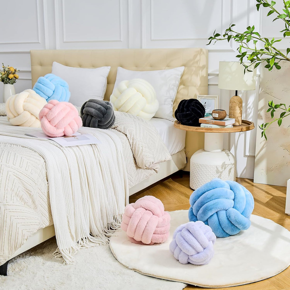Knot Pillow Ball Home Decorative Pillows Round Throw Pillow with Faux Rabbit Fur Handmade Knotted Plush Pillow Aesthetic Room Decor Round Boucle Pillow Cushion (Pink, 8.6 Inch)