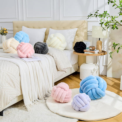 Knot Pillow Ball Home Decorative Pillows Round Throw Pillow with Faux Rabbit Fur Handmade Knotted Plush Pillow Aesthetic Room Decor Round Boucle Pillow Cushion (Pink, 8.6 Inch)