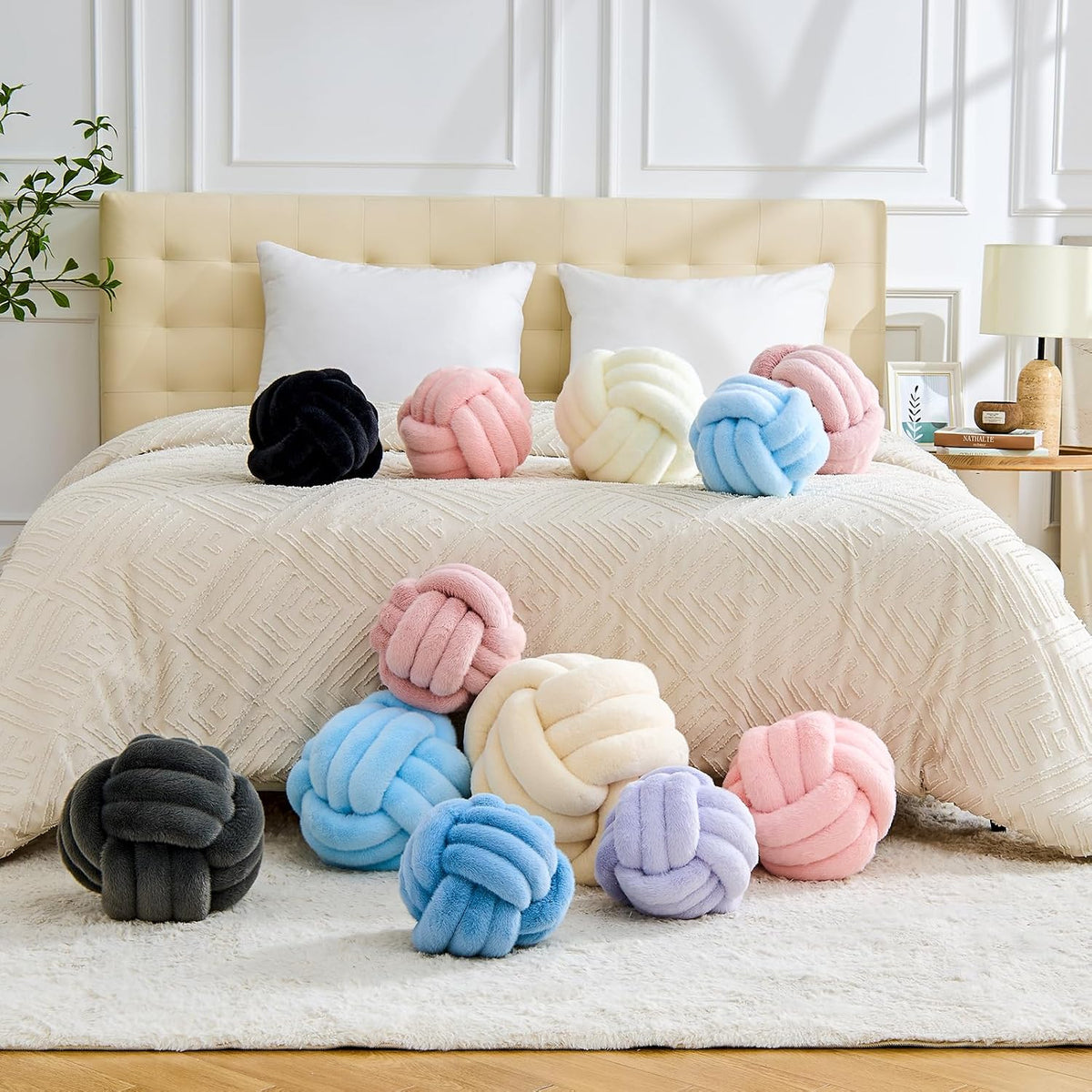 Knot Pillow Ball Home Decorative Pillows Round Throw Pillow with Faux Rabbit Fur Handmade Knotted Plush Pillow Aesthetic Room Decor Round Boucle Pillow Cushion (Pink, 8.6 Inch)