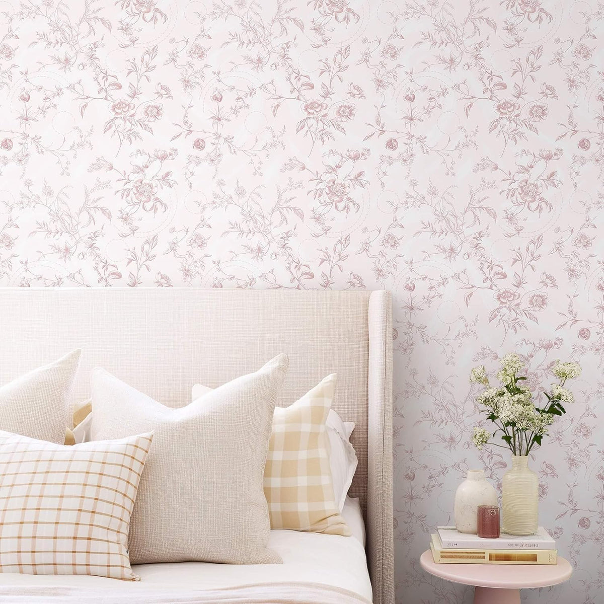 Peel and Stick Wallpaper Floral Pink Stick on Wall Paper Vintage French Contact Paper for Cabinet Textured Removable Self Adhesive Wallpaper Vinyl Roll Shelf Deco, 17.3x78.7in