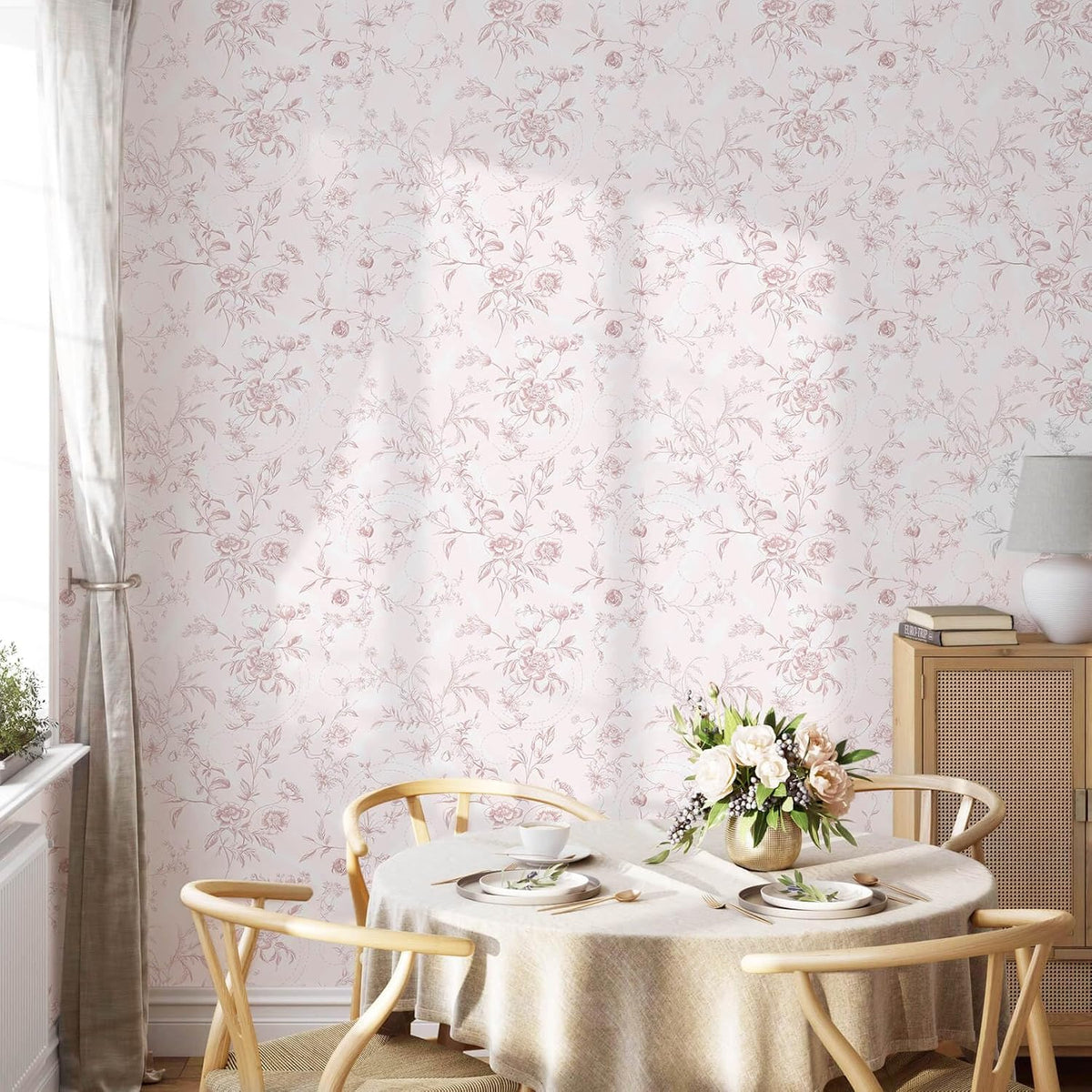 Peel and Stick Wallpaper Floral Pink Stick on Wall Paper Vintage French Contact Paper for Cabinet Textured Removable Self Adhesive Wallpaper Vinyl Roll Shelf Deco, 17.3x78.7in