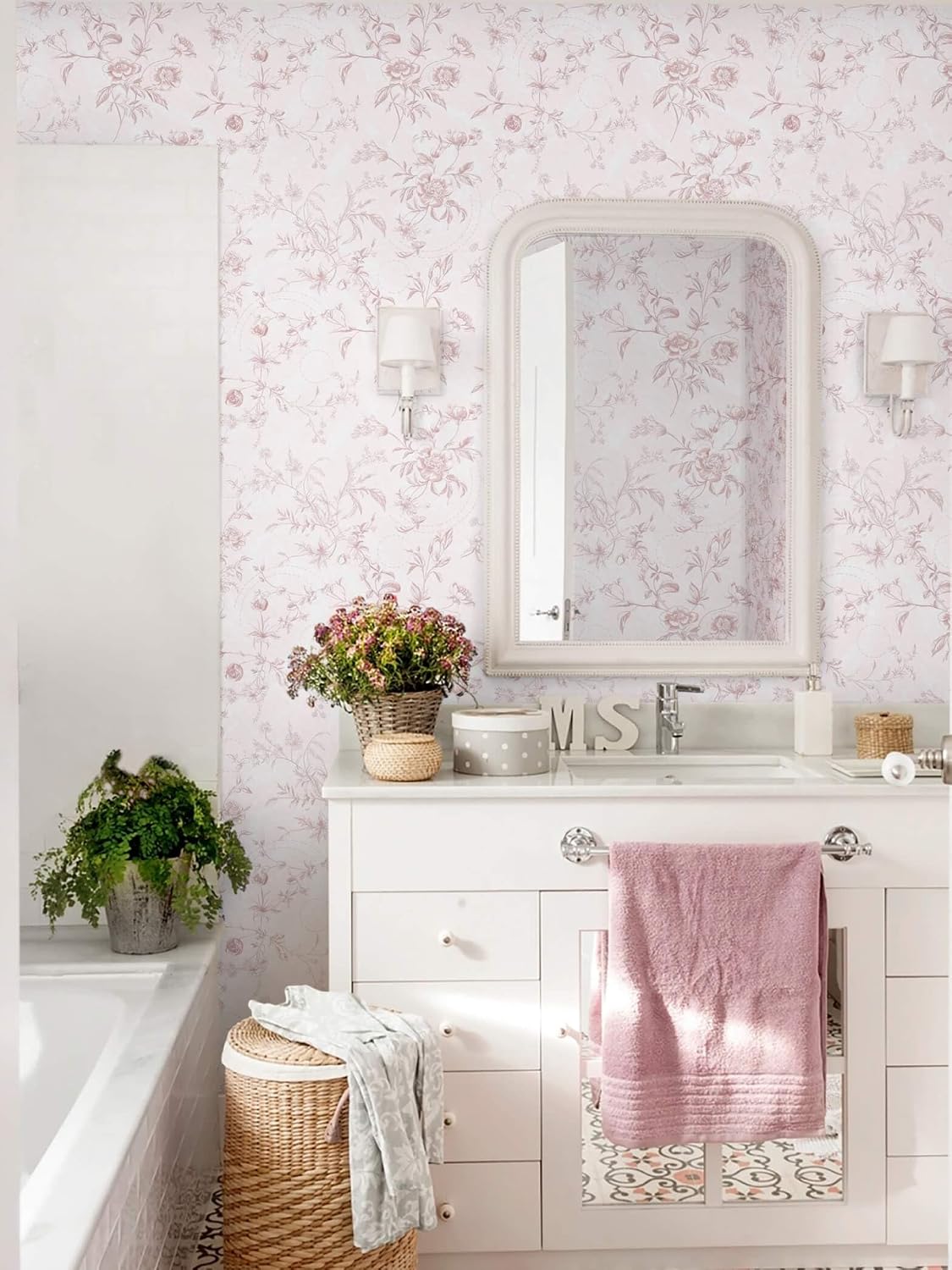Peel and Stick Wallpaper Floral Pink Stick on Wall Paper Vintage French Contact Paper for Cabinet Textured Removable Self Adhesive Wallpaper Vinyl Roll Shelf Deco, 17.3x78.7in