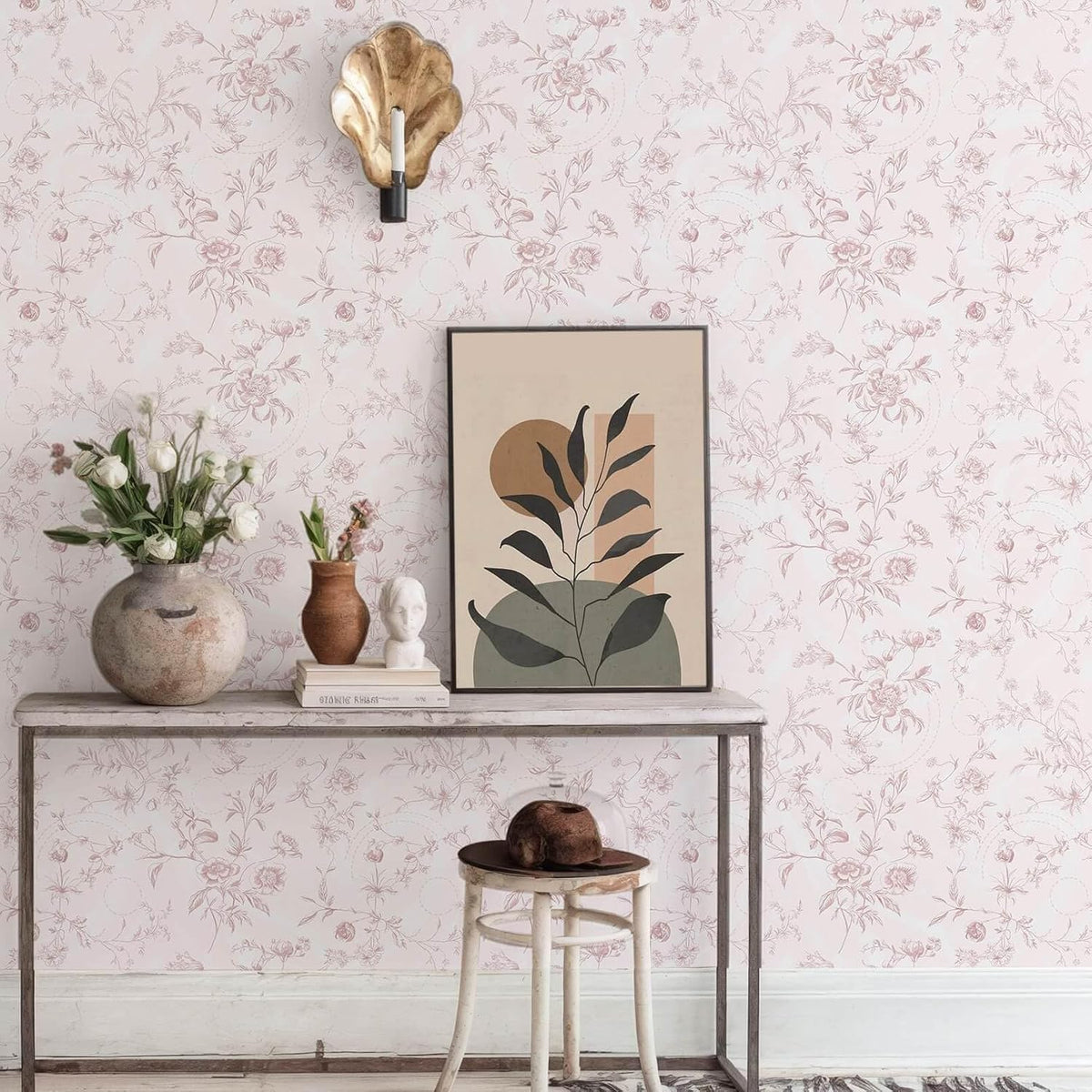 Peel and Stick Wallpaper Floral Pink Stick on Wall Paper Vintage French Contact Paper for Cabinet Textured Removable Self Adhesive Wallpaper Vinyl Roll Shelf Deco, 17.3x78.7in